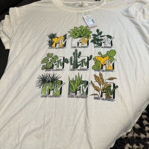 White Graphic Tee with MTV Logo and Plant Design